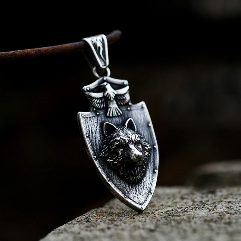 Retro Eagle Shield Pendant - Men's Titanium Steel Jewelry with Stainless Steel Wolf Head Design