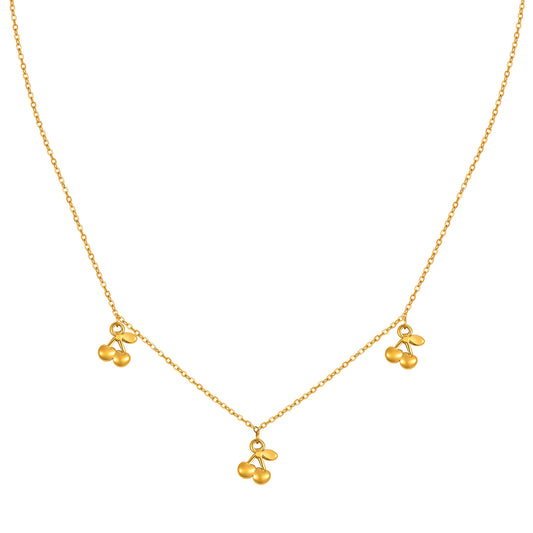 Girls Sweet & Delicate Clavicle Chain Stainless Steel Flat Cross Chain 3 Cherry Necklace