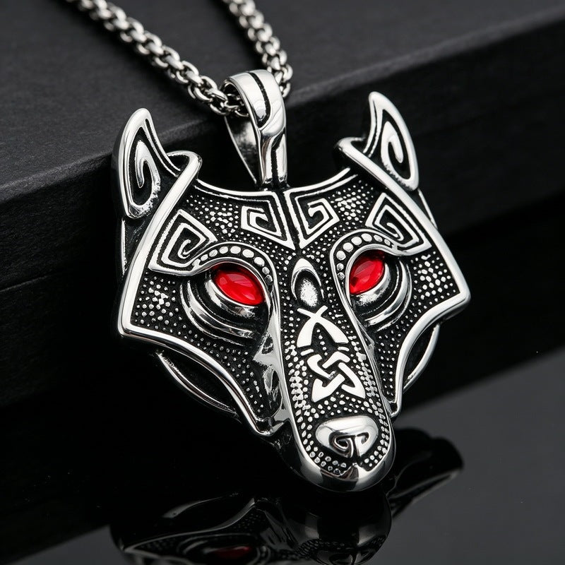 Nordic Mythological Beast Inlaid Red-Eye Wolf Head Stainless Steel Men's Pendant Retro Wolf Necklace