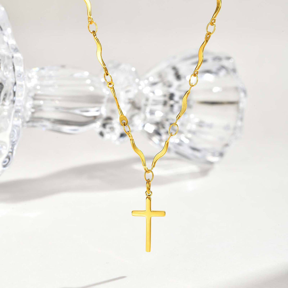 Delicate Gold Cross Necklace with Wavy Links