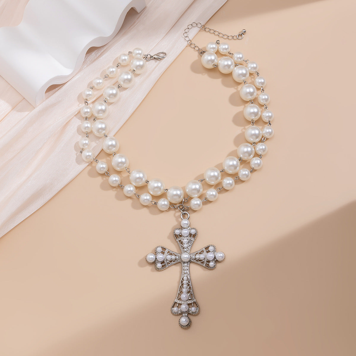 Cyber Cross & Bead Layered Necklace