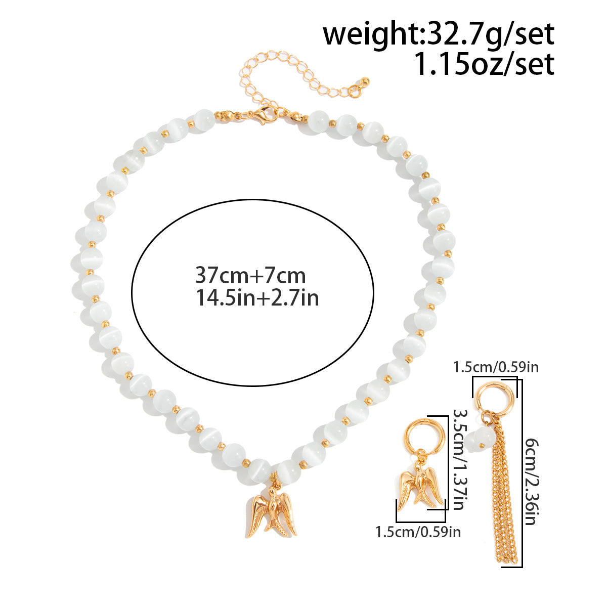 Planderful Vienna Verve Cat Eye Beaded Jewelry Set For Women Fringed Ear Buckle Earrings And Swallow Pendant Necklace