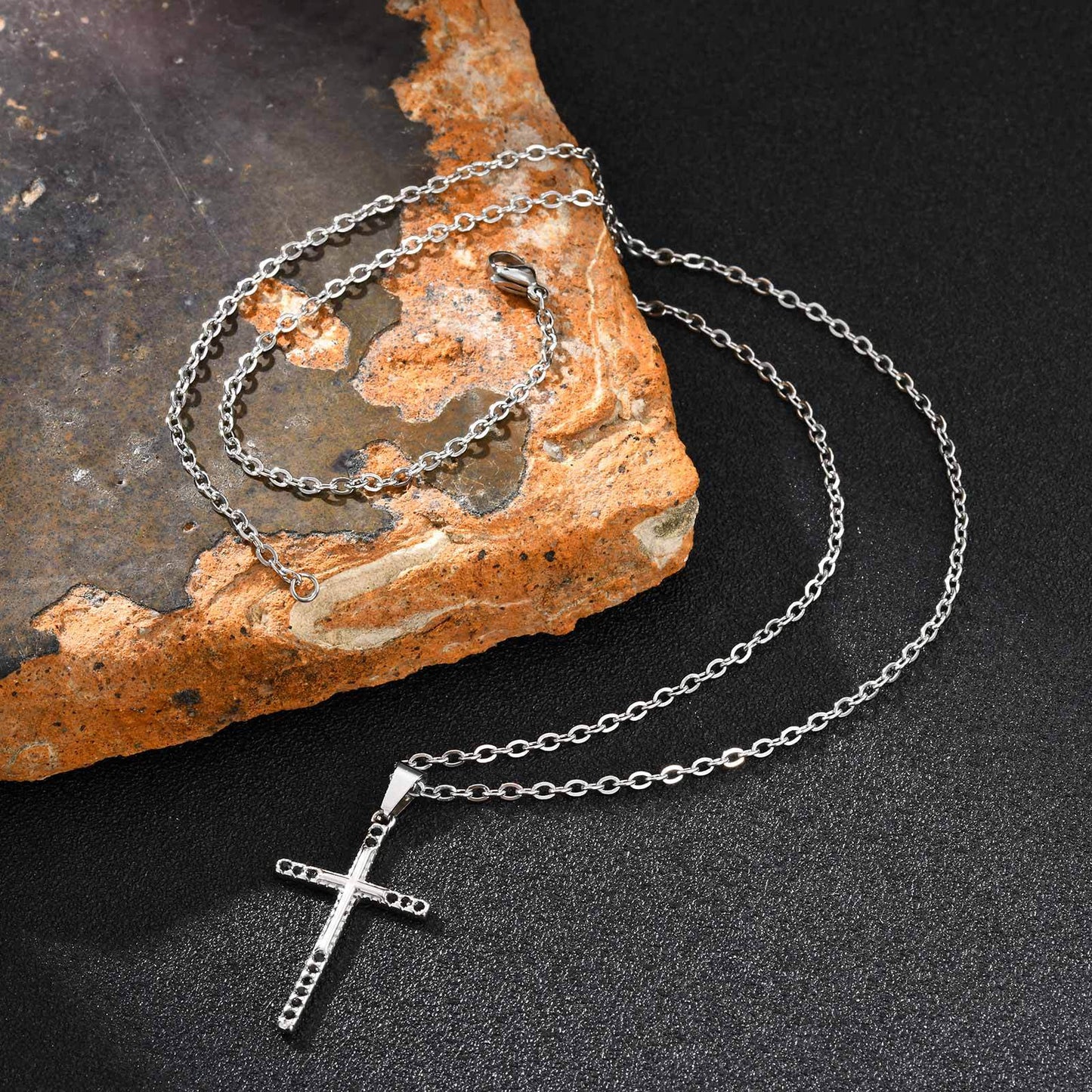 Planderful Stainless Steel Cross Pendant Men Black Zircon