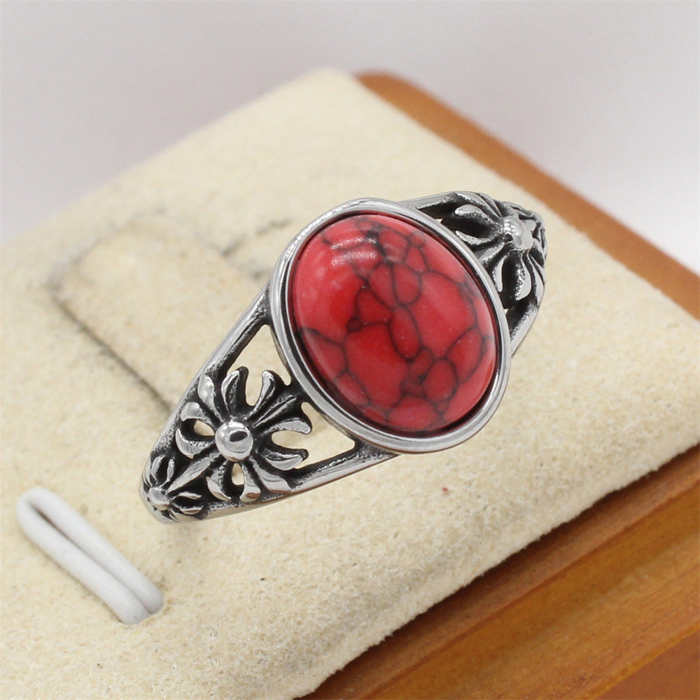 Planderful Titanium Steel Ring For Men Unisex Retro Cross Flower Oval Stone Durable