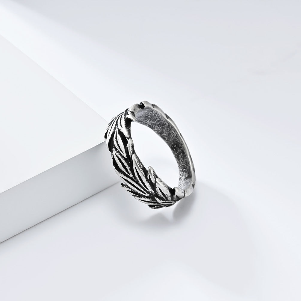 Retro Neutral Hemp Leaf Stainless Steel Ring for Men