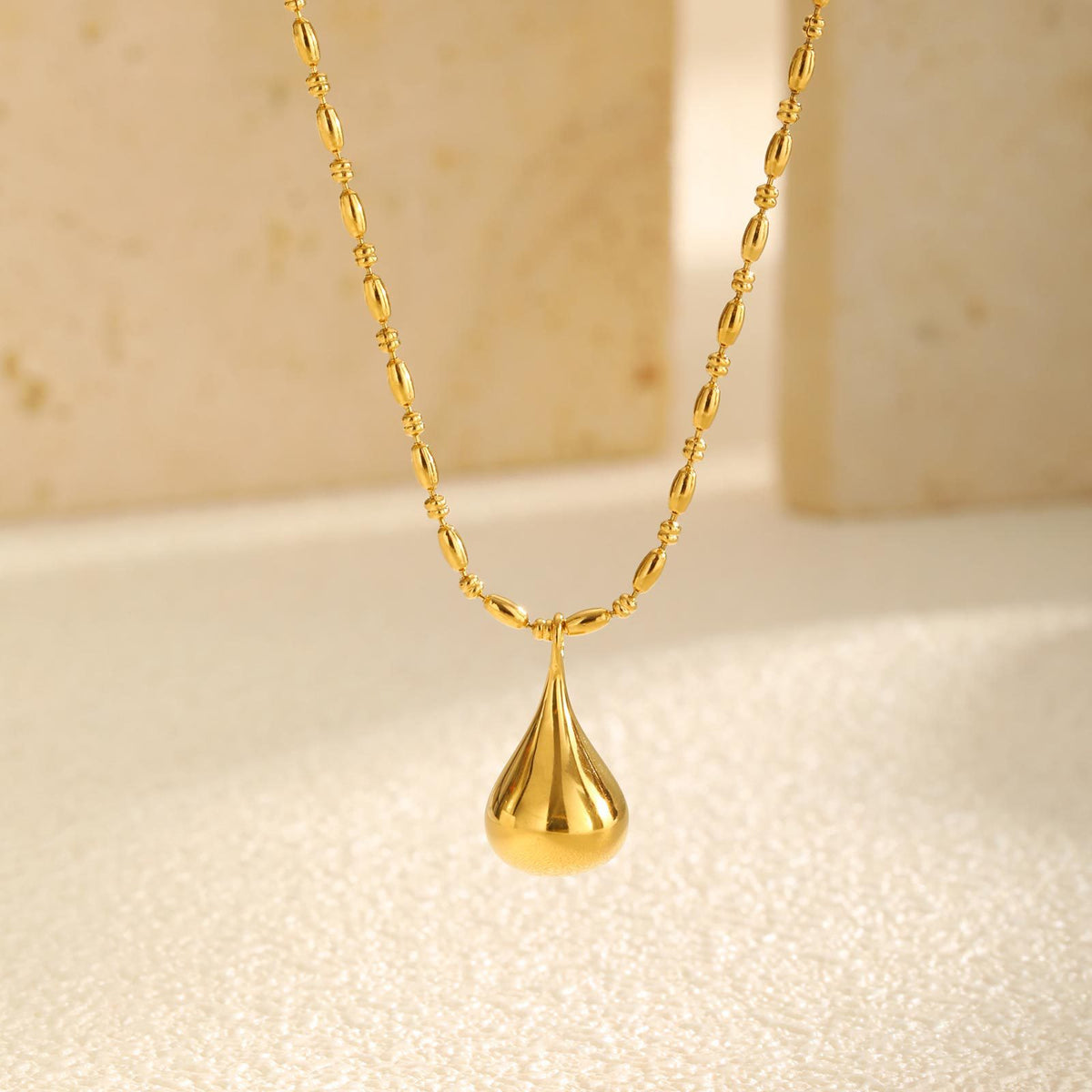 Stainless Steel Rice Bead Separator Chain Water Drop Pendant Necklace Gold Women's