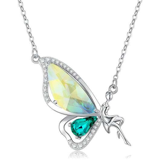 Butterfly Elf Green Zircon Silver Necklace