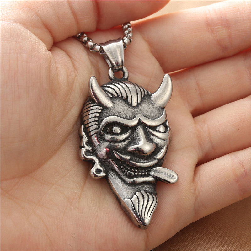 Titanium Steel Bull Demon King Pendant Necklace, Custom Punk Retro Men's Stainless Steel Horned Avatar Jewelry