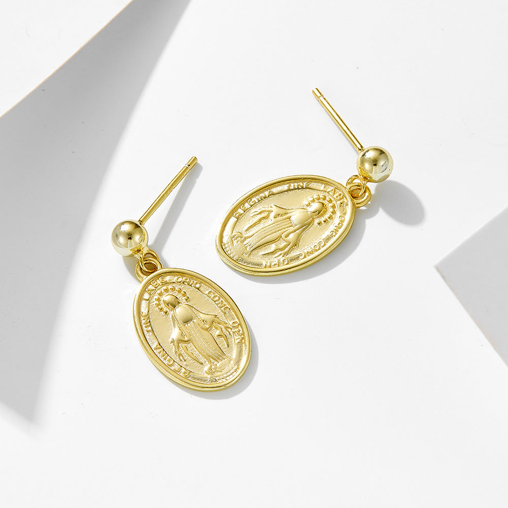 French Retro Oval Relief Stud Earrings Virgin Mary Relief Portrait Sterling Silver Earrings