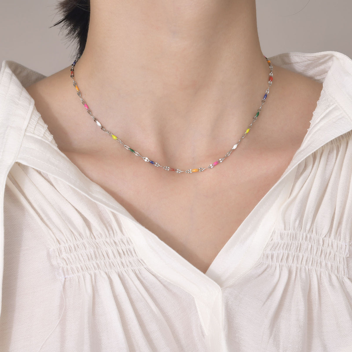 Necklace – Stainless Steel Colored Epoxy Beads Lip Chain Necklace Steel Ladies