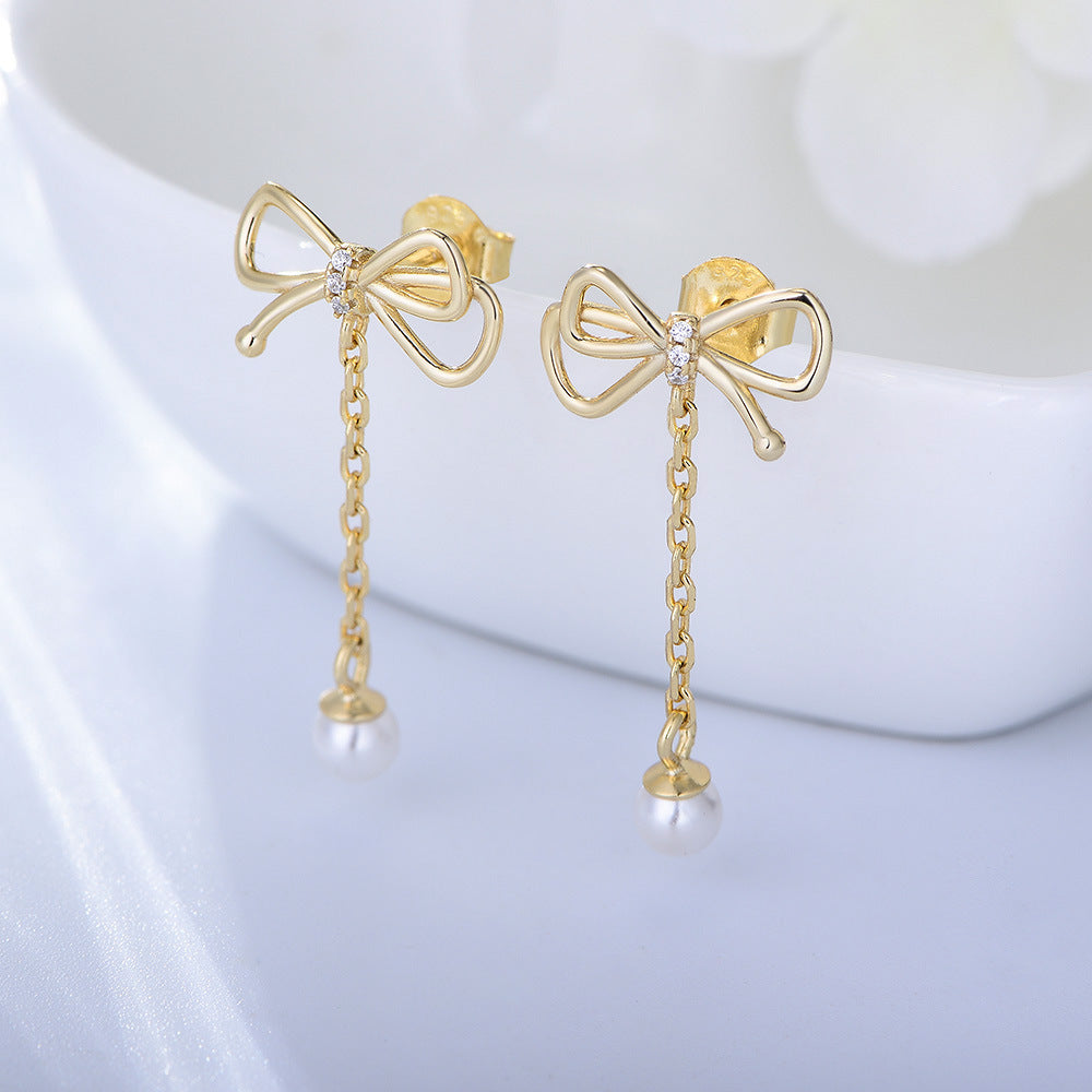 Super Fairy Tassel Bow Pearl Earrings Femininity Sterling Silver Earrings