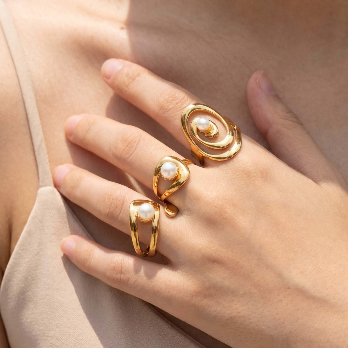 Women's Style – Stainless Steel Imitation Pearl Geometric Lines Open Stacked With Ring