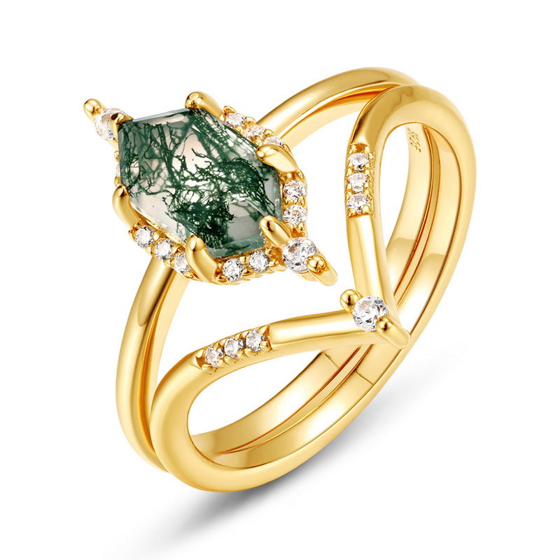 Planderful Jewelry Green Moss Agate Ring S925 Silver