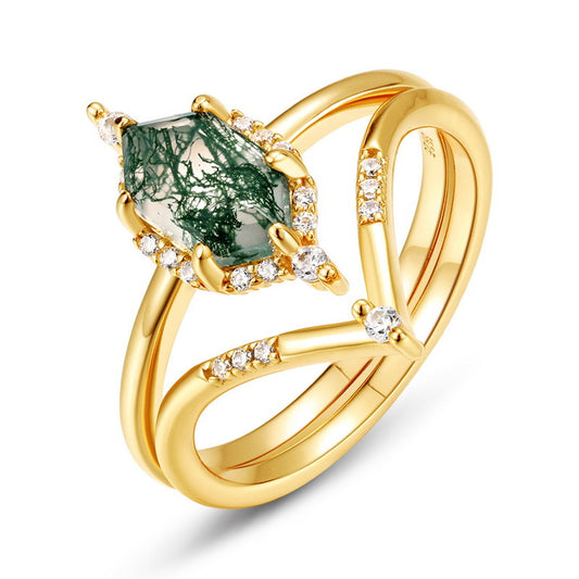 Planderful Jewelry Green Moss Agate Ring S925 Silver