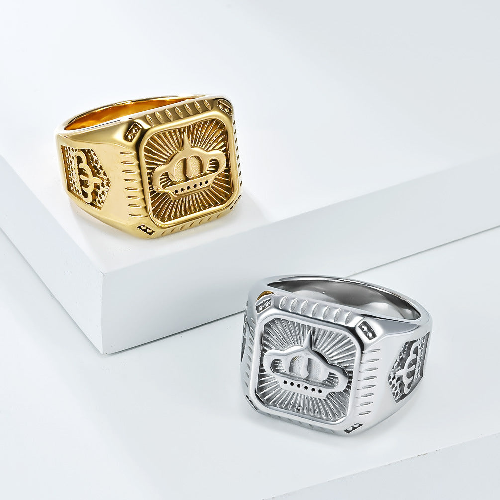 Planderful 18K Gold Crown Ring For Men Stainless Steel Plated Durable Titanium Strength Trendsetting Fashion