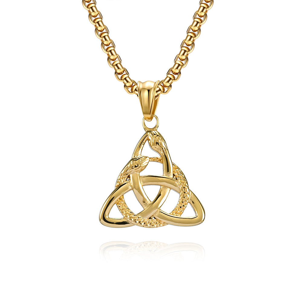 Planderful Viking Double Headed Snake Triangle Knot Necklace For Men Durable Titanium Steel Eternal Knot Pendant