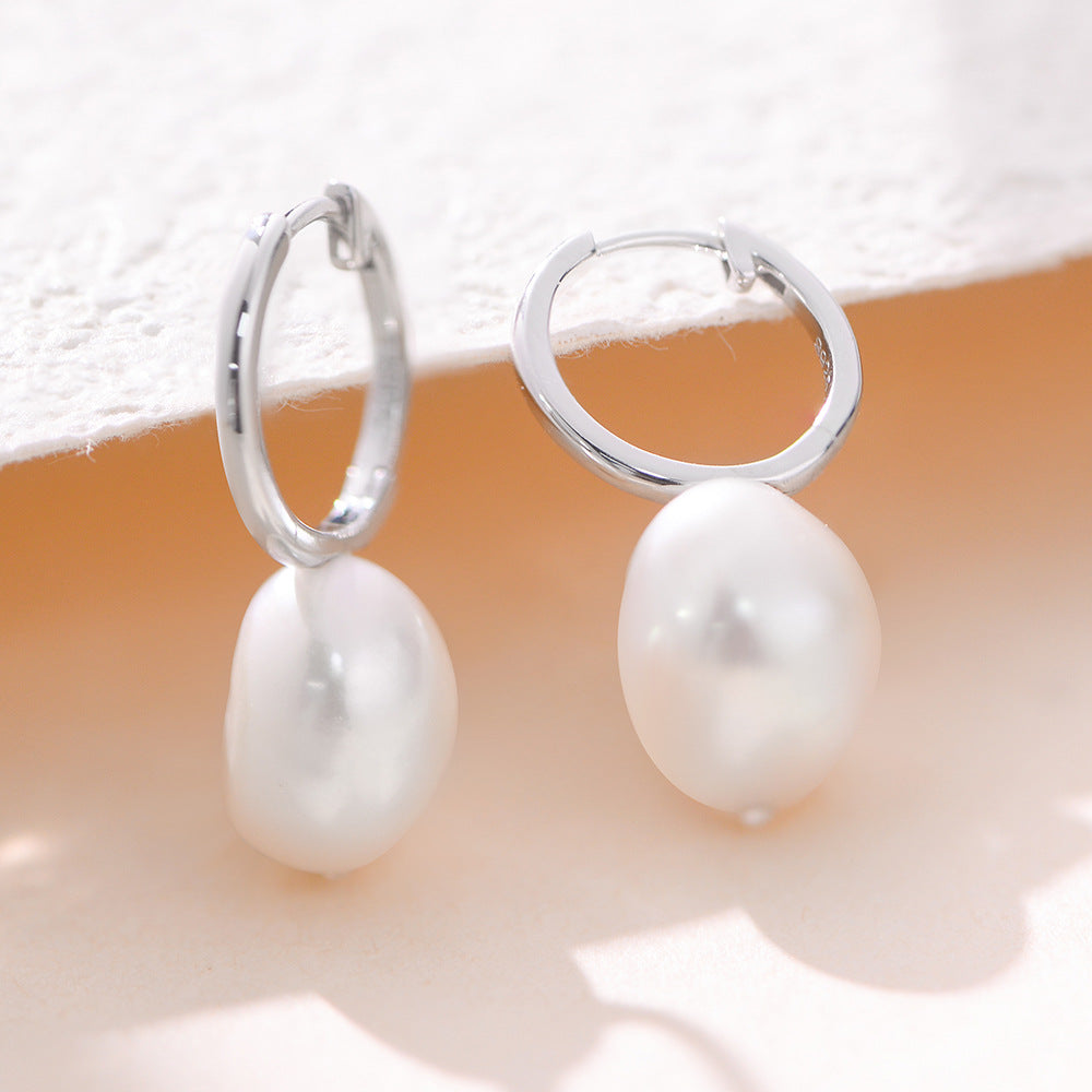 Planderful Pearl Sterling Silver Hoop Earrings For Women Elegant Natural Pearl Design