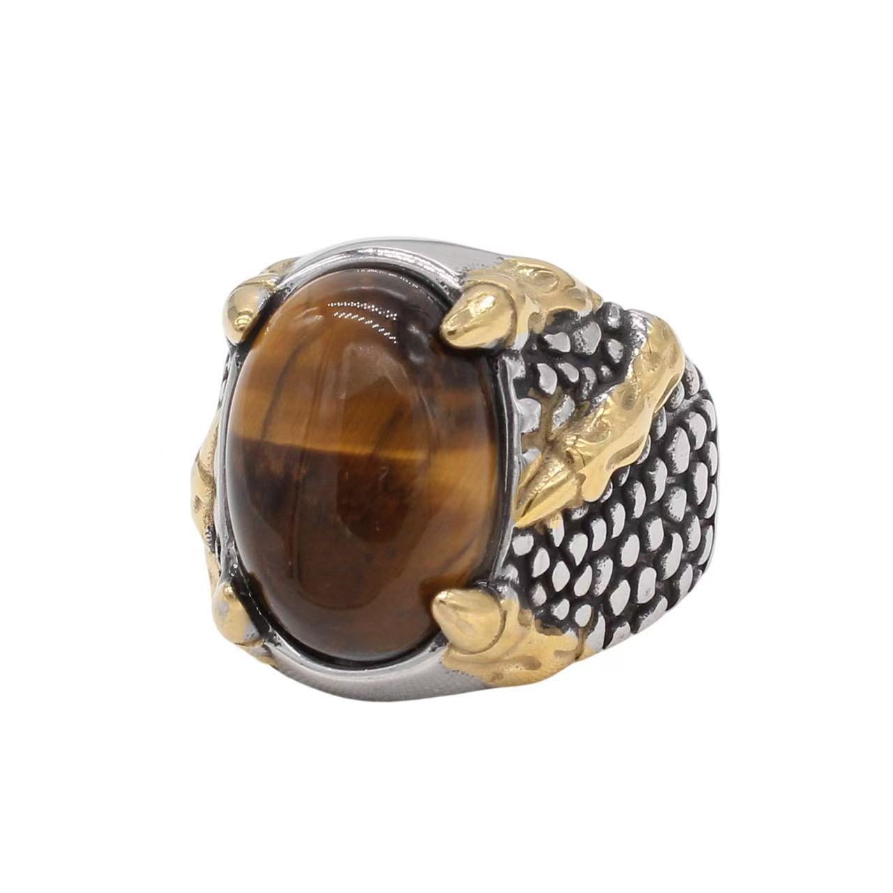 Planderful Jewelry Tiger Eye Ring In Titanium Steel For Men Dragon Claw Retro Style