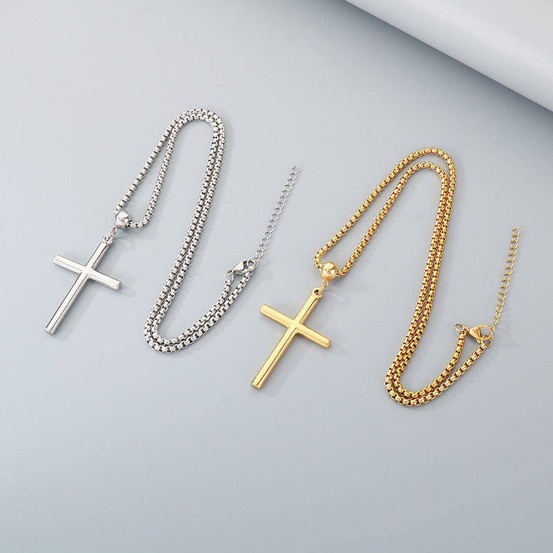 Ball Buckle Necklace, Smooth Cross Pendant Square Pearl Chain Stainless Steel Men's