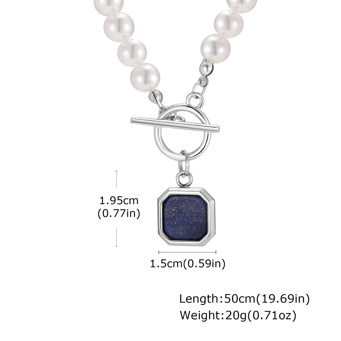 Stainless Steel Kusa Lapis Lazuli Square Pendant Imitation Pearl Necklace Steel Color