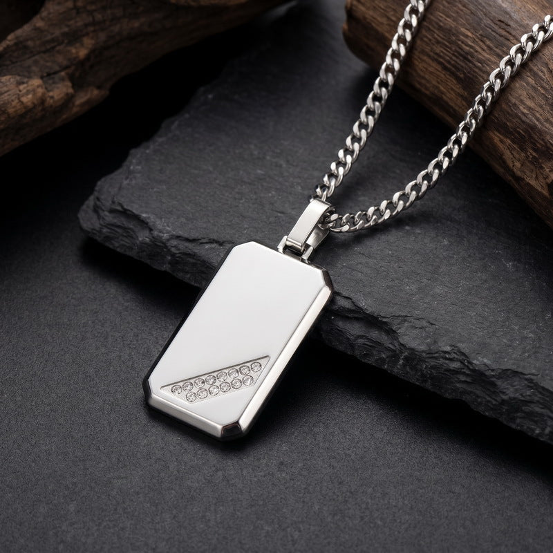 Hip-Hop Style Square Inlaid Double-Row Zircon Pendant Stainless Steel Smooth Military Brand Double-Sided Necklace