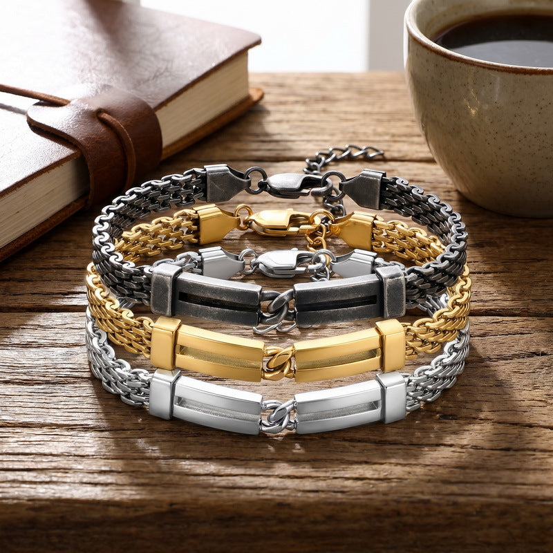 Including Extension Chain – Layered Hollow Curved Bar Mesh Chain Stainless Steel Bracelet