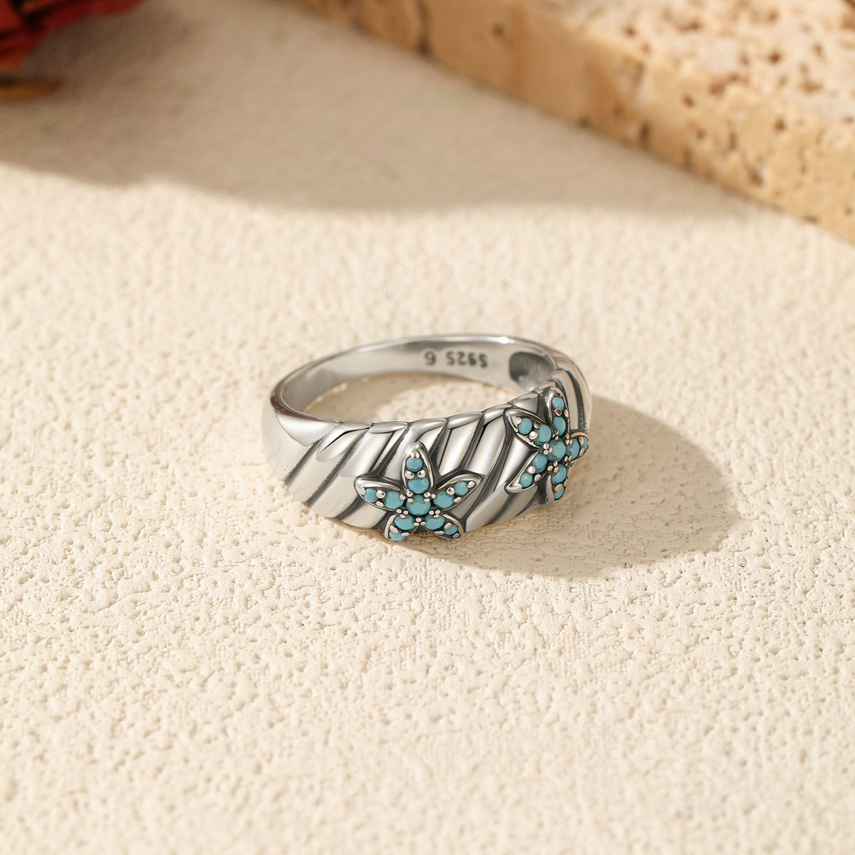 925 Sterling Silver Starfish Star Turquoise Ring