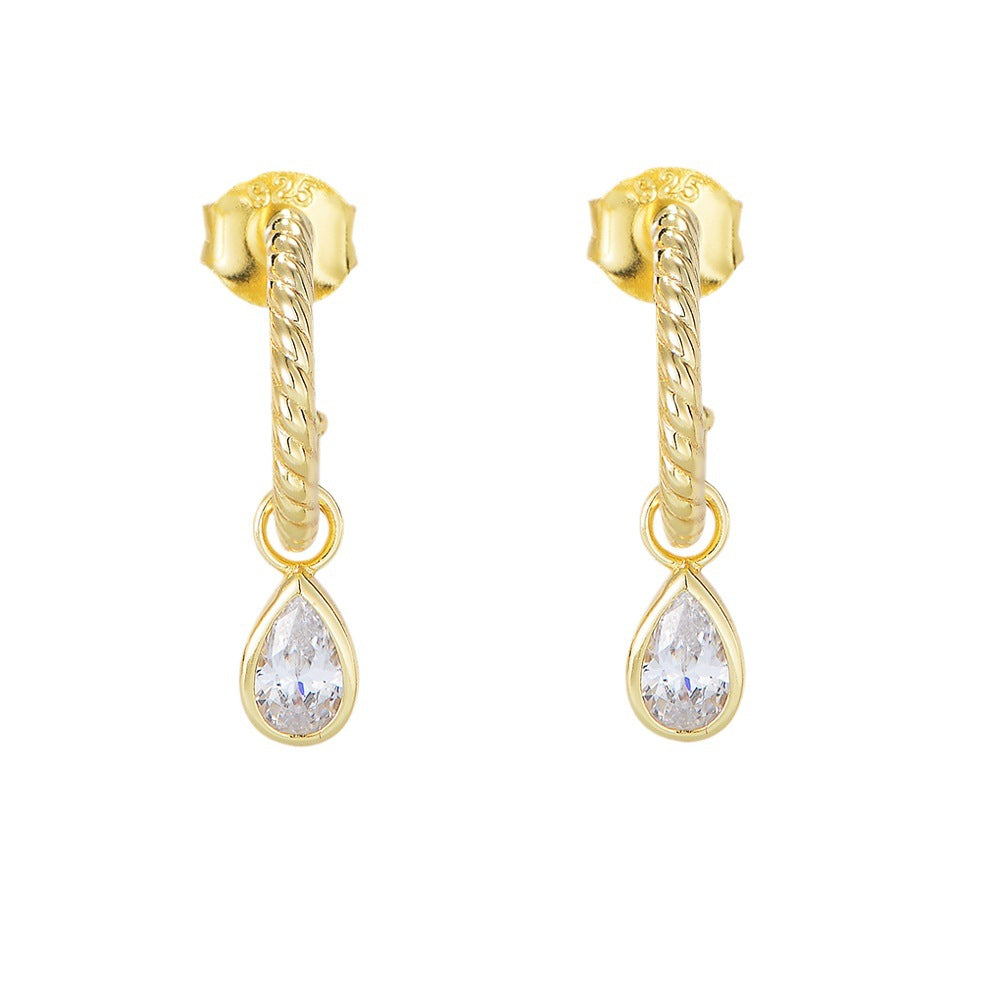 Classic Earrings Tremella S925 Sterling Silver C-Shaped Stud Earrings, Water Drop-Shaped Zircon Earrings.