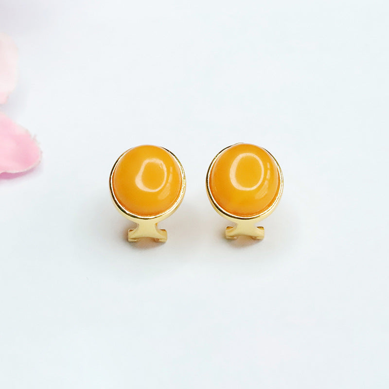 925 Sterling Silver Beeswax Amber Cabochon Stud Earrings
