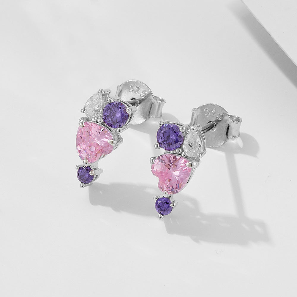 S925 Sterling Silver Heart-Shaped Pink Zircon Stud Earrings Colored Gemstone