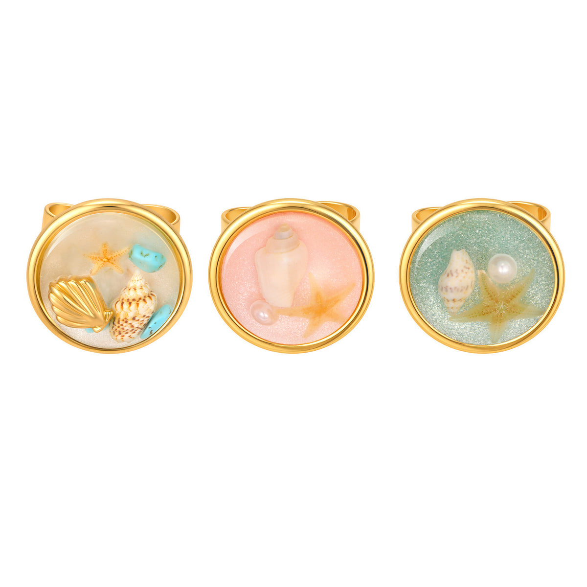 French Stainless Steel Resin Ocean Turquoise Starfish Pearl Opening Women's Ring