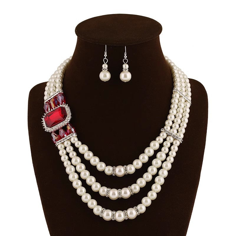 Exaggerated African Pearl Crystal Necklace Set with Multi-layer Chain - Savanna Rhythms Collection