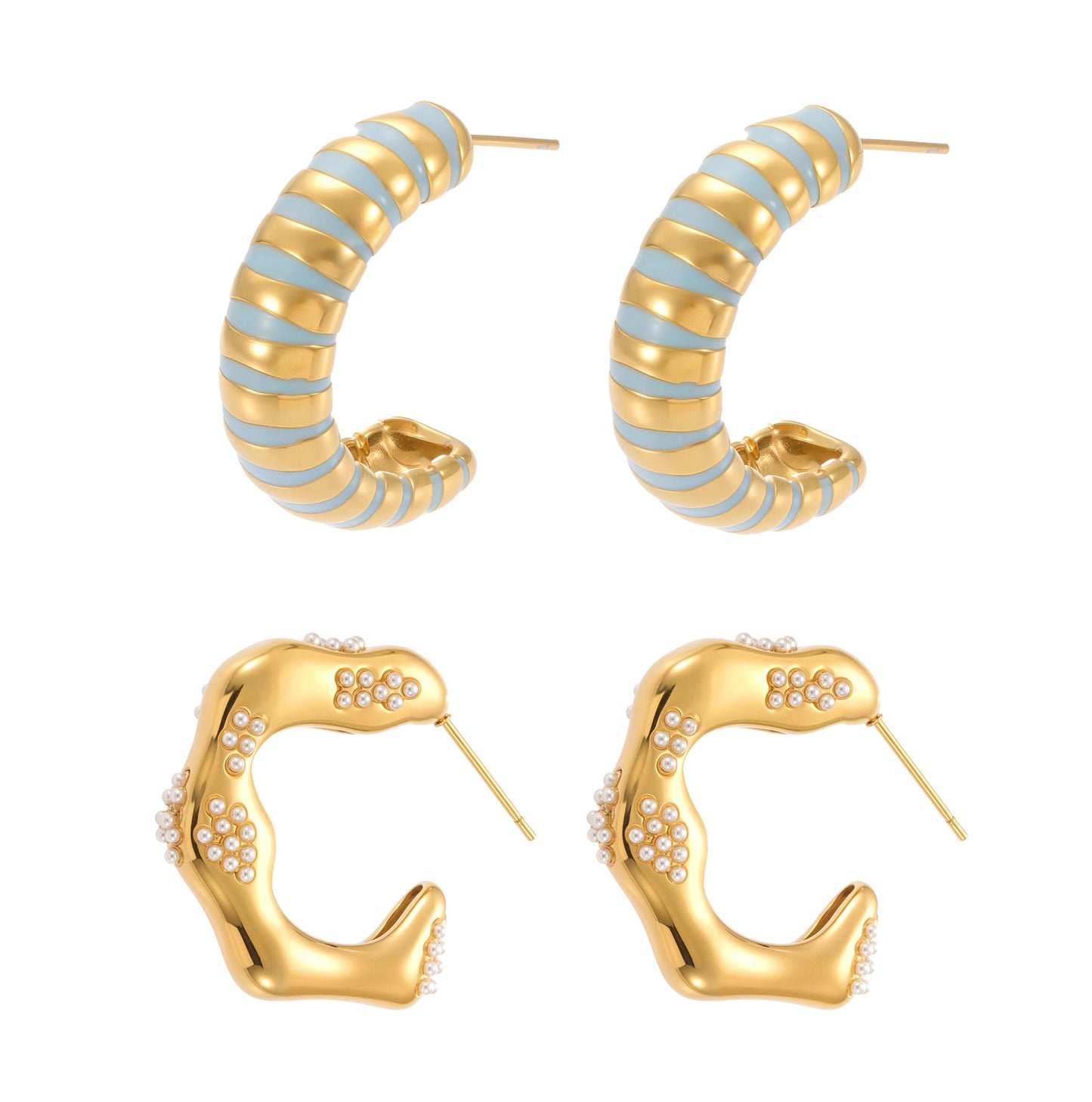 Planderful Inlaid Bead C Shape Wave Earrings Gold For Women