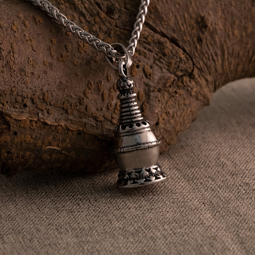Titanium Steel Retro Stupa Relic Pendant with Lotus Base - Stylish Men's Necklace Accessory