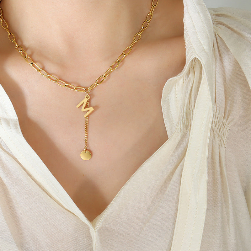 European and American Online Celebrity Letter M Tassel Round Necklace - Female Titanium Gold-Plated Accessory