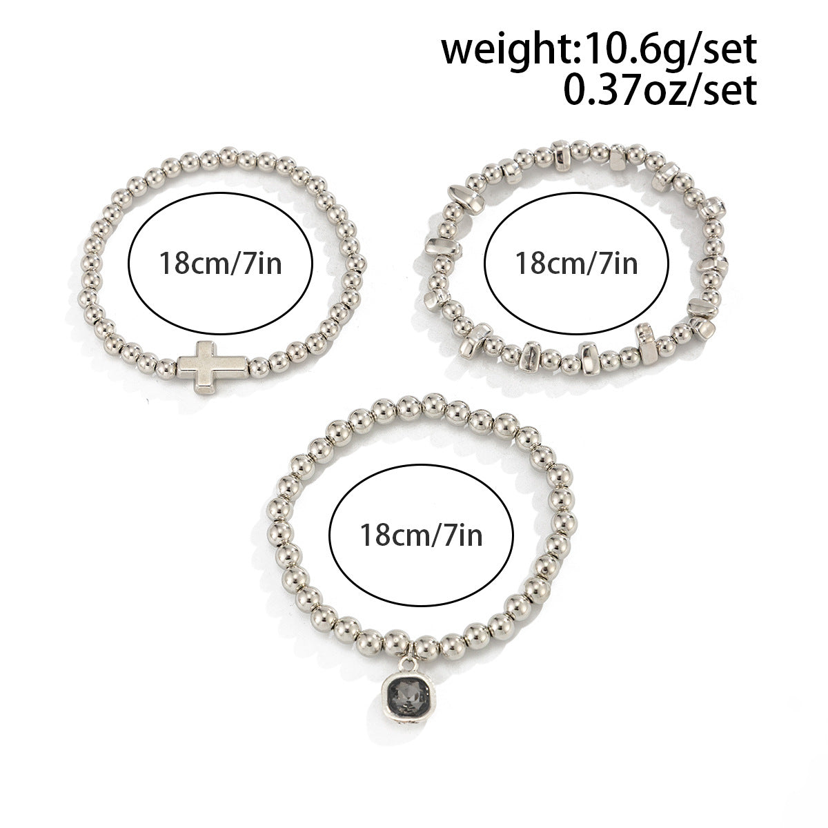 Planderful Vienna Verve Elastic Silver Beaded Bracelet Set With Personalized Gray Stone Pendant Cross For Her