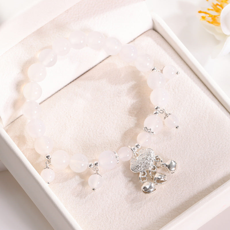Fortune's Favor Natural Pink Crystal and White Agate Bell Bracelet