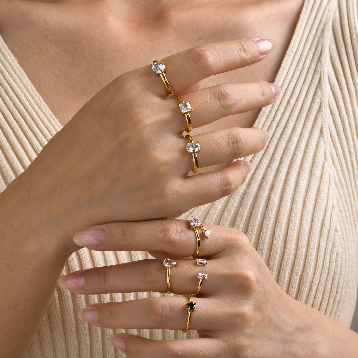 Various Stainless Steel 18K Gold White Black Square Zircon Ring Women