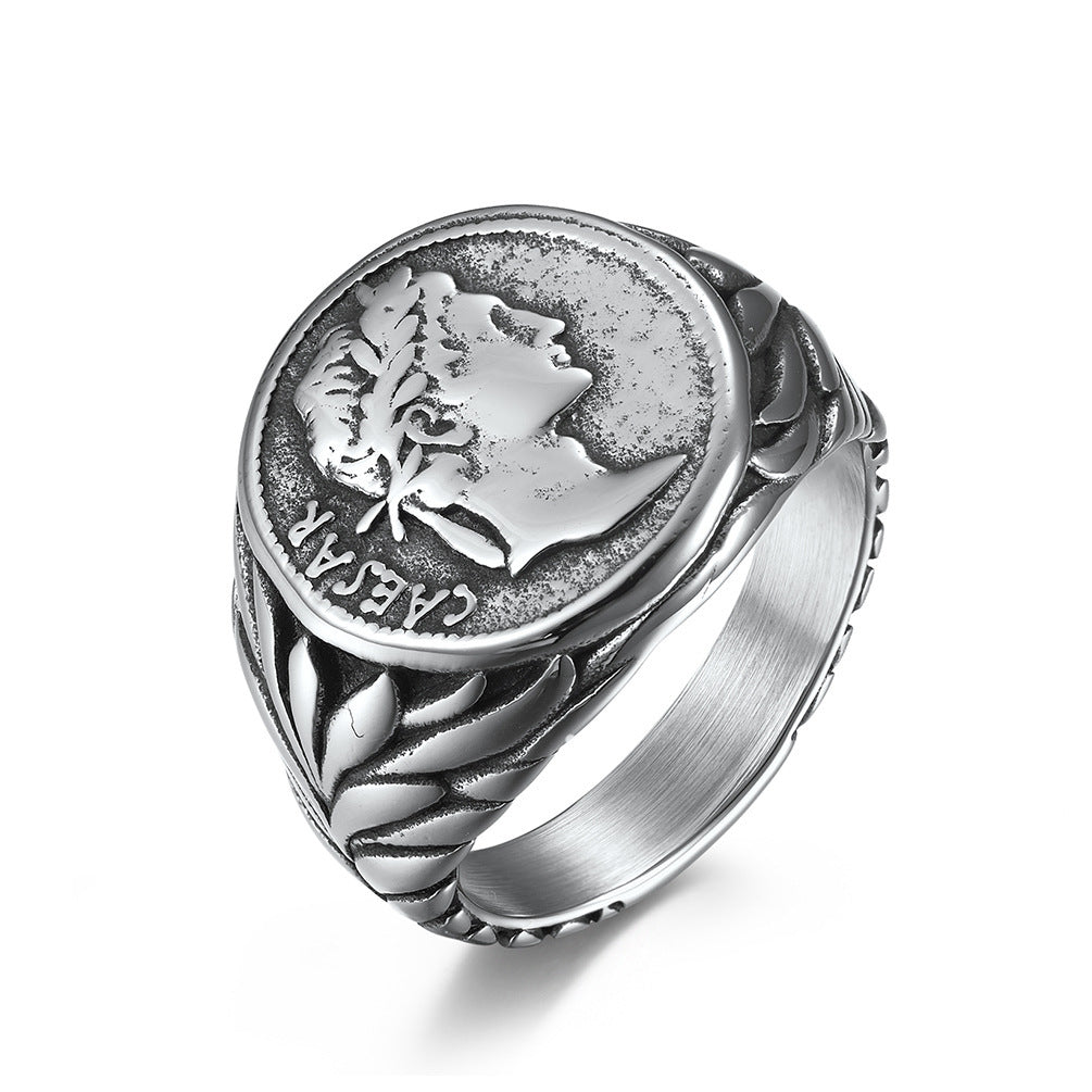 European And American Style Roman Empire Julius Caesar Stainless Steel Ring, Retro Coin Caesar Head Hipster Jewelry For Men