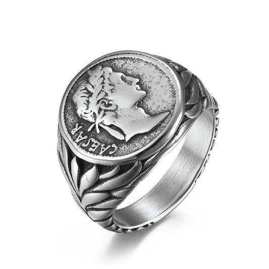 European And American Style Roman Empire Julius Caesar Stainless Steel Ring, Retro Coin Caesar Head Hipster Jewelry For Men