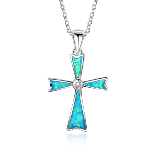 Planderful Jewelry Opal Cross Necklace Sterling Silver