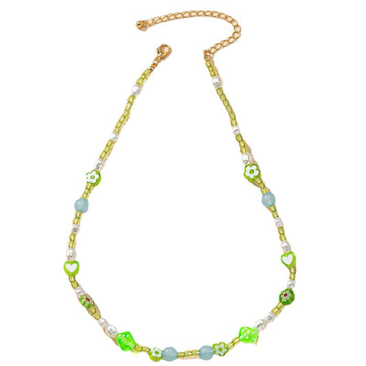 Green Glass Flower Choker Necklace with Niche Design