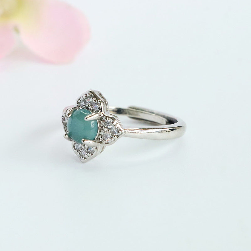 Blue Water Jadeite Prong-Set Four-Petal Flower Ring