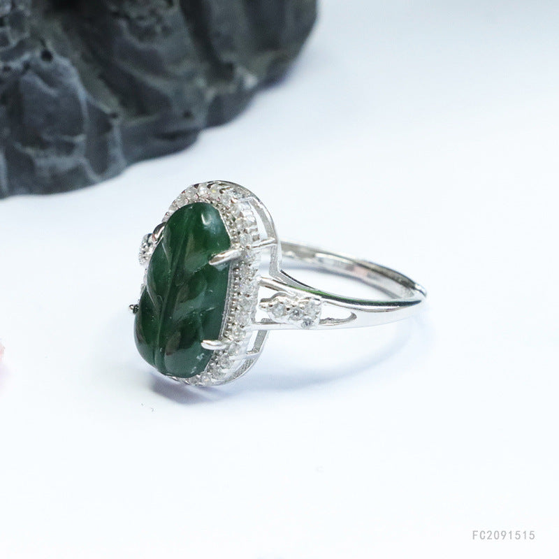 Green Jadeite Leaf Halo 925 Silver Ring