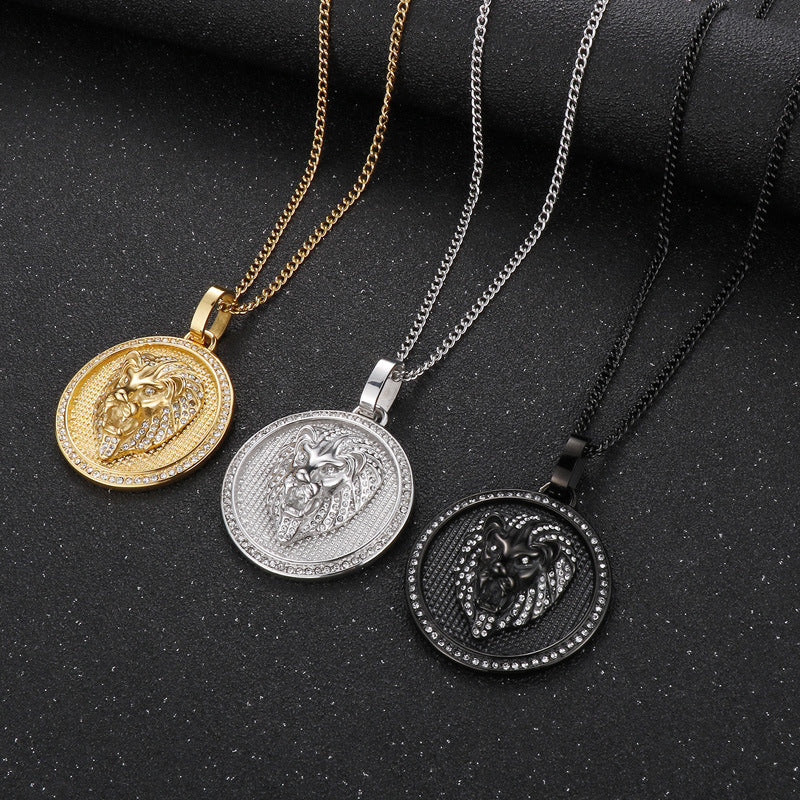 Rock Hip Hop Round Pendant, Retro Electroplated 18k Gold Slightly Inlaid Zircon Lion Necklace