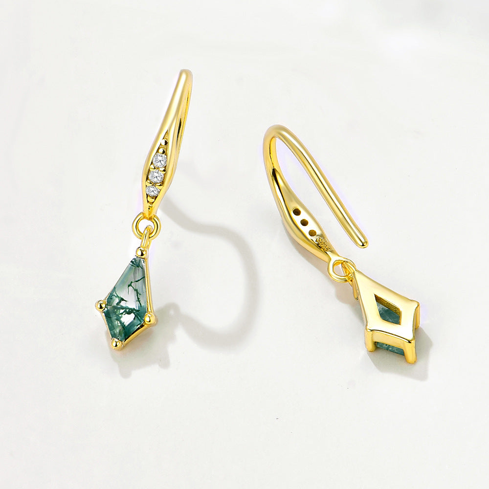 S925 Sterling Silver Natural Aquatic Agate Earrings Geometric Rhombus Natural Stone Earrings Jewelry