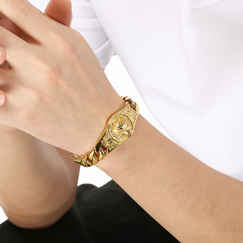 Punk Style – Wolf King Round Brand Layered Cuban Chain Titanium Bracelet