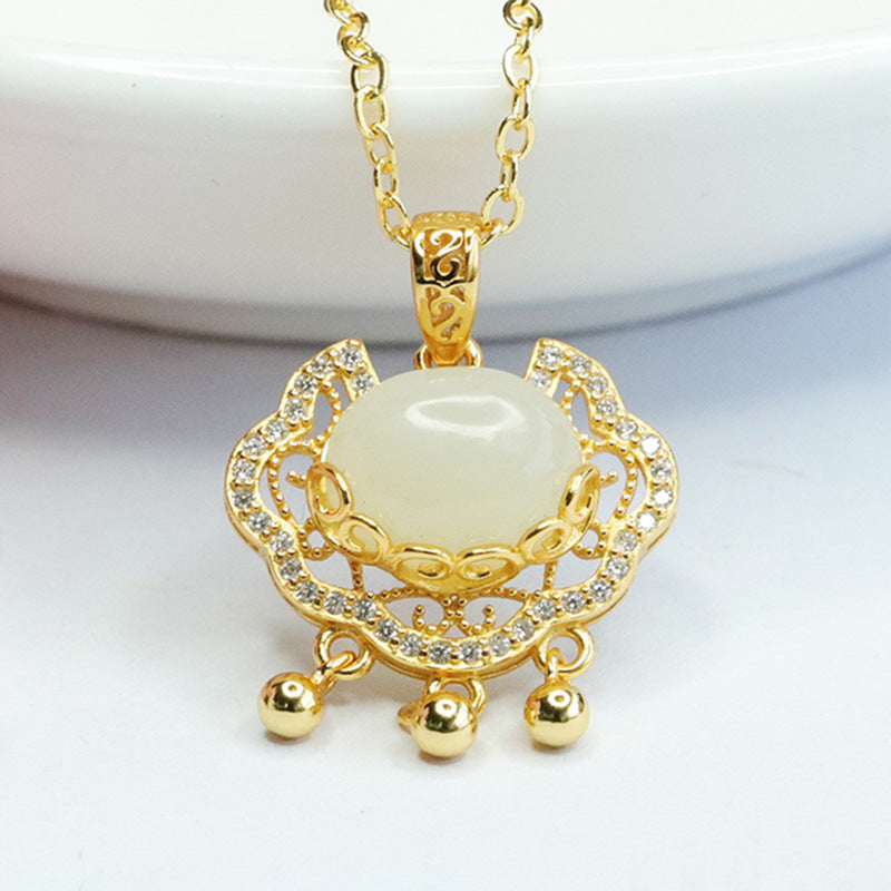 Sterling Silver Hetian Jade Pendant with Zircon Ruyi Lock Necklace