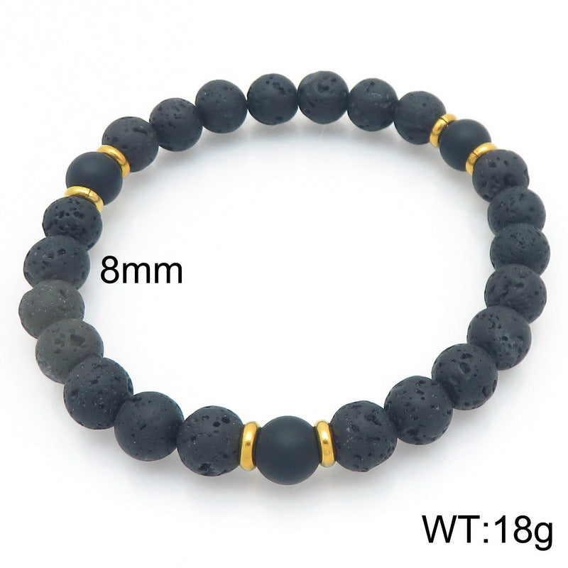 Stainless Steel Bracelet – Punk Volcanic Stone Frosted Black Agate Elastic Rope Handmade