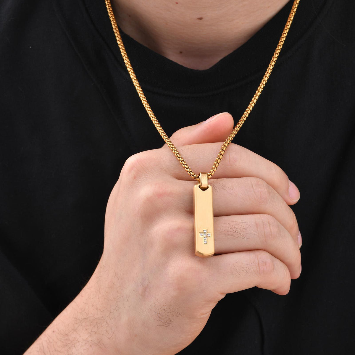 Cross Zircon Geometric Textured Stainless Steel Necklace for Men
